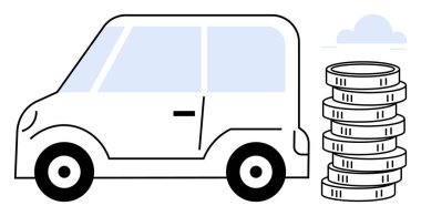 Maliyet, tasarruf ya da ulaşım masraflarını gösteren madeni paraların yanında küçük bir araba. Finans, otomobil alımı, sigorta, bütçe, yatırımlar için sürdürülebilirlik fonu için ideal. Düz basit