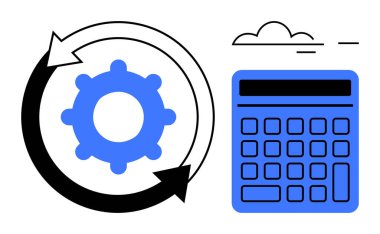 Minimalist bir bulut tasarımının altında bir hesap makinesinin yanında süreçleri temsil eden oklar içinde vites. Verimlilik, verimlilik, muhasebe, otomasyon, iş, finans, iş akışı için ideal. Düz basit