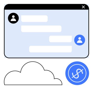 Kullanıcı avatarları ve mesajlar, bulut ögesi ve dolar simgesi ile sohbet arayüzü. İletişim, finans, teknoloji, bulut hizmetleri, iş ağı işbirliği için idealdir. Düz basit