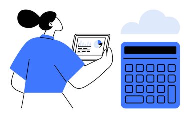 Tablet üzerinde büyük hesap makinesi ve bulut grafiğinin yanında analitik çizelgeyi inceleyen kadın karakter. Finans, teknoloji, veri, bulut çözümleri, muhasebe, eğitim, üretkenlik, düz basit