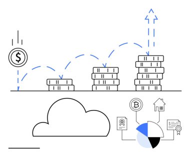 Yükselen madeni paralar, yükselen finansal büyümeyi temsil ediyor, bulut depolama ile bağlantılı. Turta grafiği, kripto para birimi, ev ve yatırım sertifikası dahil. Finans, teknoloji ve yatırım için ideal