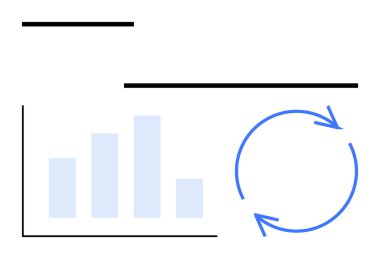 Yineleme süreçlerini sembolize eden mavi dairesel okların yanında veri eğilimlerini gösteren çubuk grafik. Veri analizi, iş stratejisi, iş akışı, büyüme, süreç iyileştirmesi ve proje için ideal