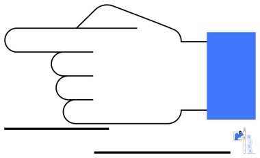 Büyük, minimalist, sağ işaret eden, kalın mavi kollu bir el. Yönlendirme, yönlendirme, talimat, ilerleme, yön bulma, karar verme liderliğine odaklan. Düz basit metafor için ideal