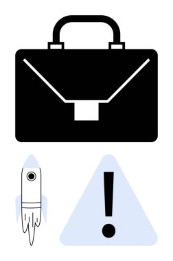Siyah evrak çantası işi simgeler, roket büyümeyi ya da projenin başlatılmasını önerir, üçgen uyarı işareti girişimcilikte risk veya ihtiyatı vurgular. Başlangıç, yönetim, strateji için ideal
