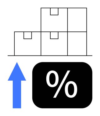 Envanteri temsil eden istiflenmiş kutular, büyümeyi sembolize eden yukarı doğru ok ve kar veya metrikleri simgeleyen yüzde işareti. İş, ekonomi, lojistik, envanter, finans, büyüme için ideal