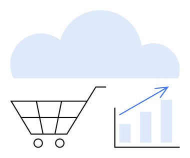 Alışveriş arabası ticareti simgeliyor, bulutlar dijital hizmetleri temsil ediyor ve bar tablosu büyümeyi gösteriyor. E-ticaret, bulut hesaplama, çevrimiçi satışlar, dijital pazarlama, analitik, iş için ideal