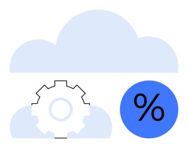 Bulut simgelerindeki dişli ve yüzde işaretleri teknoloji, veri işleme ve analizi sembolize ediyor. Bulut hesaplama, otomasyon, finans, üretkenlik, yenilik, planlama verimliliği için ideal