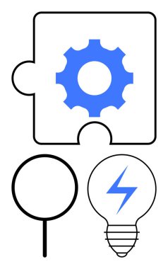 İçinde büyüteç ve ampul olan mavi dişli bulmaca parçaları fikirler, çözümler, keşifler öneriyor. Yaratıcılık, takım çalışması, yenilik, strateji, problem çözme, verimlilik için ideal