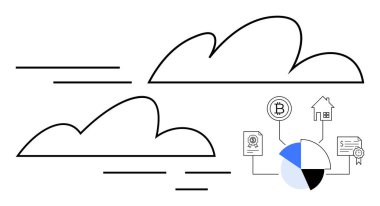 Pasta grafiğine, Bitcoin 'e, eve, belgelere, veri paylaşımına, blok zincirine, emlak finansmanına ve teknolojiye bağlı minimalist bulutlar. Bulut hesaplama yenilik analizi için ideal. Düz