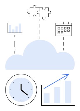 Bulut bağlantılı saat, bar çizelgeleri, takvim, büyüme grafiği ve bulmaca parçaları. Takım çalışması, veri senkronizasyonu, zaman verimliliği planlama teknolojisi üretkenlik bulut hesaplaması için ideal. Düz
