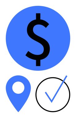 Mavi daire işaretli dolar işareti, işaretli yer işaretli daire işaretli para, konum, doğrulama. Finans, konum hizmetleri, onay, e-ticaret ödeme sistemleri güvenliği için ideal