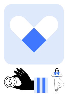 Sağlık için kalp şeklinde haplar, maddi denge için el ele tutuşmalar, sağlık için yoga figürleri. Sağlık, öz bakım, finans, farkındalık, denge ve uyum için ideal basit bir metafor.