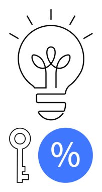 Yeniliği sembolize eden ampul, çözümleri temsil eden anahtar ve finansal yönleri gösteren yüzde işareti. Yaratıcılık, problem çözme, finans, strateji, verimlilik, başarı için ideal