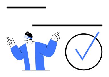 VR kulaklık takan şahıs büyük bir işaretin yanında güven içinde hareket ediyor. Teknoloji, başarı, görev tamamlama, sanal gerçeklik, yenilik, ilerleme, fütüristik vizyon için ideal. Düz basit