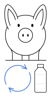 Minimalist domuz kumbarası çizimleri mavi geri dönüşüm okları ve plastik bir şişeyle eşleştirilmiş. Tasarruf, sürdürülebilirlik, geri dönüşüm, çevre bilinci, eko-bilinç, sorumluluk için ideal