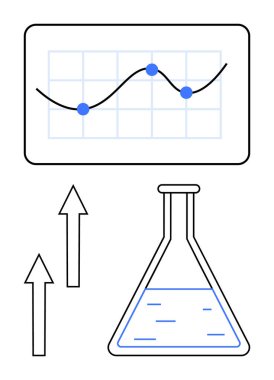 İlerlemeyi gösteren çizgi grafiği, büyümeyi simgeleyen yukarı doğru oklar ve bilimi simgeleyen bir laboratuvar şişesi. Yenilik, istatistik, araştırma, analiz, büyüme teknolojisi eğitimi için ideal. Düz