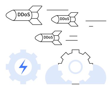 DDoS etiketli füzeler bulut altyapısına doğru ilerliyor ve vitesler siber tehditleri simgeliyor. Siber güvenlik, tehdit uyarıları, teknoloji, bulut altyapısı, bilişim güvenliği, veri