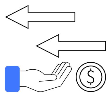 Uzatılmış el, oklu bir madeni para tutuyor. Finansal işlemleri, ticareti veya takası temsil ediyor. Finans, iş, ekonomi, ödeme sistemleri, yatırım bankacılığı ticareti için idealdir. Düz basit