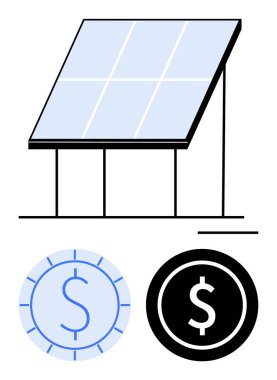 Dolar simgeleriyle sürdürülebilir enerjiyi gösteren güneş paneli finansal faydaları sembolize ediyor. Sürdürülebilir enerji, yatırım, eko-ticaret, temiz enerji, finans, yeşil teknoloji, tasarruflar için ideal