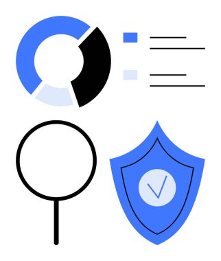 Pasta grafiği, metin satırları, büyüteç ve işaretli kalkan. Analiz, araştırma, koruma, strateji doğrulama uyum ve anlayış için ideal. Düz basit metafor