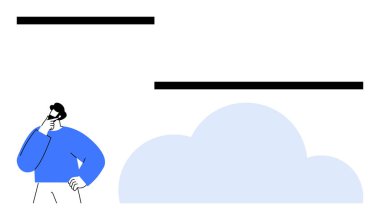 Mavi gömlekli bir adam bulutun yanında yatay çizgileri olan bir adam veriyi öneriyor. Teknoloji, yenilik, karar verme, bulut hesaplama, strateji, beyin fırtınası, yaratıcılık için idealdir. Düz basit