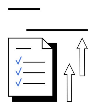 Üç görevin yanında mavi işaretli kontrol listesi, büyümeyi veya ilerlemeyi gösteren siyah oklar. Üretim, görev yönetimi, planlama, büyüme, başarı, organizasyon ve minimalizm için ideal