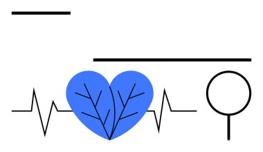 Kalp atışları mavi bir kalbe bağlanıyor, bitki damarlarıyla, büyüteçin yanında. Sağlık, sağlık, öz bakım, kalp izleme, kardiyoloji, çevre sağlığı ve ekolojik bilinçli yaşam için ideal