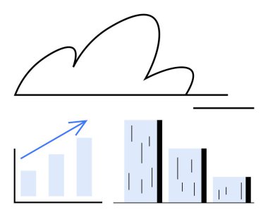 Çizgili çubuk grafikleri ve yukarı doğru eğilimli çizgi grafiklerinin üzerinde soyut bulut tasarımı. Veri depolama, analitik, büyüme, teknoloji, yenilik, bulut yazılımı, iş başarısı için ideal. Düz basit