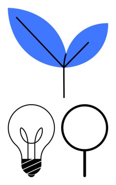 Mavi yaprak sapı, ampul ve büyüteç çevresel odaklanma, yenilik ve keşfi vurguluyor. Sürdürülebilirlik, enerji çözümleri, büyüme, araştırma yaratıcılığı ilerlemesi için ideal eko-dost