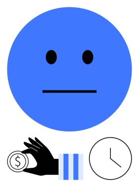 Mavi tarafsız yüz, boş yüz, el ele tutuşan bozuk para ve temel saat tasarımı. Zaman değeri, finansal karar, üretkenlik, duygu, tarafsızlık için ideal, minimalizm düz metafor