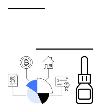 Kripto para birimini, gayrimenkulleri ve finansal sertifikaları şema ve mühür puluyla birleştiren bir pasta şeması. Yatırım, finans, planlama, engelleme zinciri, gayrimenkul, sertifika için ideal