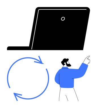 Dizüstü bilgisayarın yanındaki dairesel ok döngüsünde hareket eden adam geri bildirimi, yeniliği, fikirleri veya ilerlemeyi sembolize ediyor. İşletme, teknoloji, eğitim ekip çalışması beyin fırtınası süreci yönetimi için idealdir. Düz