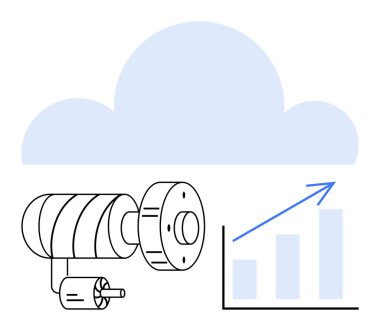 Veri odaklı bağlantıyı, analitiği sembolize eden dişli, bulutlu ve yukarı doğru grafik oklu IoT cihazı. İOT, veri analizi, bulut hesaplaması, otomasyon, mühendislik verimliliği yeniliği için ideal
