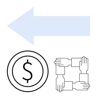 Mavi sol ok, dolar para ve dört bağlı el takım çalışmasını, finansal başarıyı, ilerlemeyi ve ortak hedefleri sembolize eder. Finans, takım çalışması, iş stratejisi liderlik büyüme işbirliği için ideal