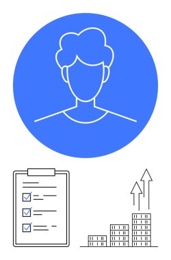 Mavi dairesel avatar, işaretli görevleri olan kontrol listesi, yukarı doğru oklu bar tablosu. Üretkenlik, büyüme, başarı, planlama, analitik, liderlik için ideal düz çizgi metaforu