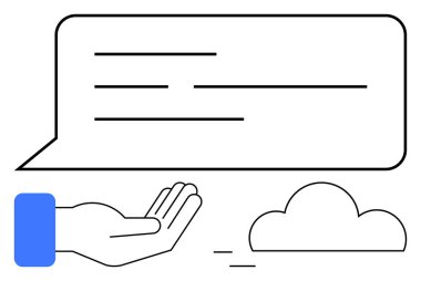 Metin dolu konuşma baloncuğunun altında uzanmış bir el, bulut elementiyle eşleştirilmiş. İletişim, ağ kurmak, destek, paylaşım, tartışma, dijital alışverişler için ideal. Düz basit