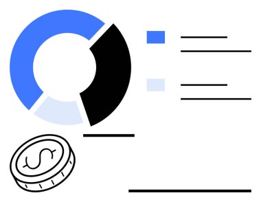 Turta grafiği bir madeni para, finans, bütçe, istatistik, veri analizi, iş stratejisi ve zenginlik ile birlikte mavi ve siyah bölümlere bölünmüştür. Basit bir daire için ideal