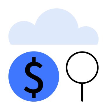 Mavi dolar işareti ve büyüteç üzerinde bulutlar uçuşuyor. Teknoloji, finans, veri, bulut hesaplama, arama, analitik ve para yönetimi için ideal. Düz basit metafor