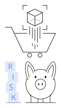 Düşen küplü alışveriş arabası, domuz kumbarası ve RISK blokları e-ticaret sorunlarını ve mali kararları sembolize ediyor. Ekonomi, finans, yatırım, risk yönetimi, e-ticaret ve belirsizlik için ideal
