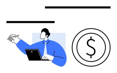 Profesyonel bir adam elinde kalem tutarken bir dolar işareti olan bir dizüstü bilgisayar kullanır. İş, finans, üretkenlik, yatırım, girişimcilik, teknoloji ekonomisi temaları için idealdir. Düz