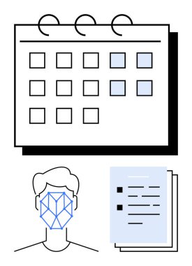 Vurgulanmış tarihli takvim, yüz tanıma sistemi olan kafa, yığınla belge. Organizasyon, teknoloji, yapay zeka, kimlik doğrulama, planlama, biyometri için ideal