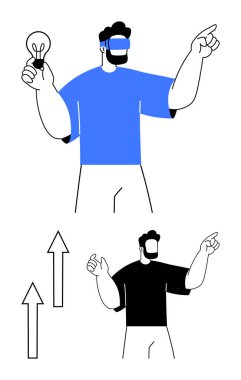 VR kulaklıklı adam elinde ampul tutarak yenilik ve fikirleri sembolize ediyor. İlerleme ve büyümeyi temsil eden oklarla el kol hareketi yapıyor. Teknoloji, yaratıcılık, yenilik, ilerleme, gelecek için ideal