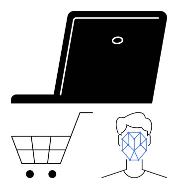 Laptop, alışveriş arabası ve yüz tanıma sistemi. E-ticaret, yapay zeka, güvenlik, kimlik doğrulama, teknoloji, biyometrik kimlik doğrulama dijital kişiselleştirme için ideal