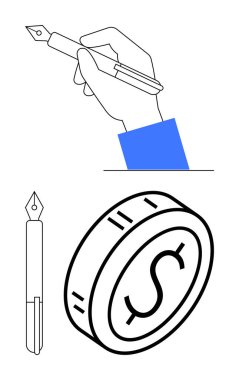 Elde kalem, mürekkep ucu ve dolar sembollü bir bozuk para. Yaratıcılık, yazma süreci, iş dünyası, mali kararlar, kazanç, eğitim ve soyut çizgi düz metafor temaları için idealdir