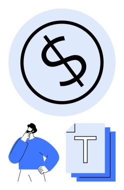 Çemberin içinde büyük bir dolar işareti, eli çenesinde düşünen, belgeleri istifleyen bir adam. Finans, bütçe, karar verme, tasarruf, iş planlaması, maliyet analizi için ideal basit bir metafor