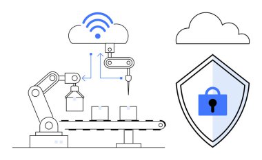 Fabrika robotu buluta bağlıyken kutuları yığıyor. Asma kilit kalkanı güvenliği temsil ediyor. Teknoloji, imalat, siber güvenlik, bulut hesaplama, IOT, endüstriyel otomasyon için ideal