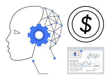 Sinir ağı ve teçhizatı olan insan kafası, dolar parası ve analitik gösterge paneli. Yapay zeka, finans, otomasyon, yenilik, veri analizi iş stratejisi teknolojisi için idealdir. Düz basit metafor