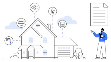 Algılayıcılar ve cihazlar için ikonlarla ev bağlantısı gözetleme, ışıklandırma, termostat, su musluğu, cihaz. Elinde not panosu olan bir adam. Teknoloji, enerji ve otomasyon için ideal