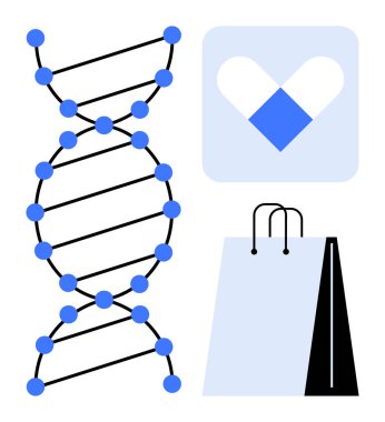 Mavi düğümlü DNA sarmalları, tıbbi haç şeklinde kalp ikonu, sağlık yenilikleri için alışveriş torbası, genetik, ilaç, pazarlama, tüketici davranışı, bilim ticareti, düz metafor