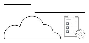 İşaretli kontrol listesi ve teçhizatla birlikte bulut şekli, veri depolama, işlem otomasyonu ve verimliliği temsil ediyor. Teknoloji, organizasyon, yedekleme, planlama, iş akışı bulutu için ideal